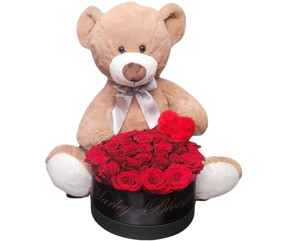 Teddy Love Bloom Box – met Rode Rozen & Eigen Tekst