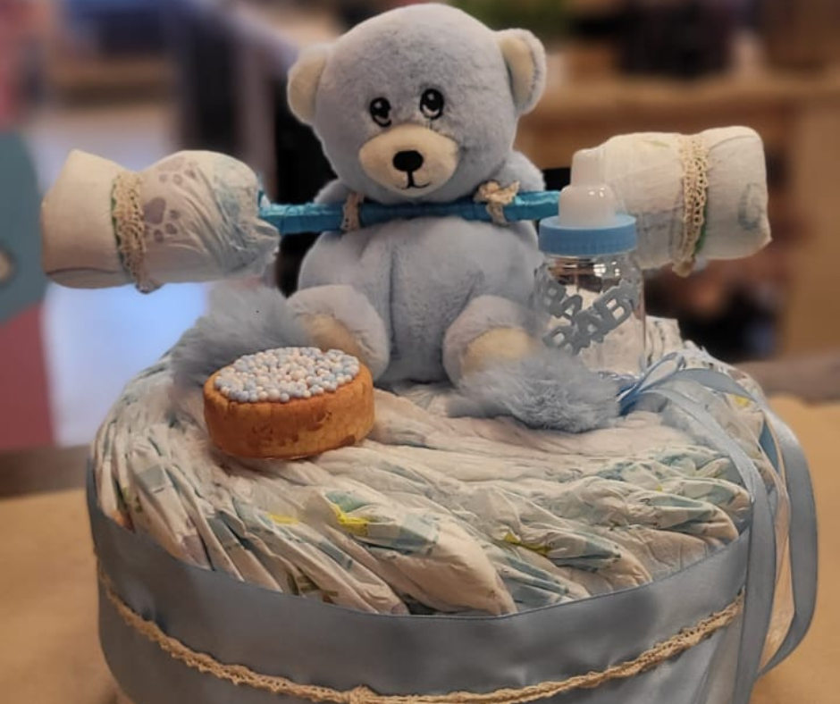 Mini Luiertaart "Teddy Barbell" – Genderreveal Cadeau Jongen