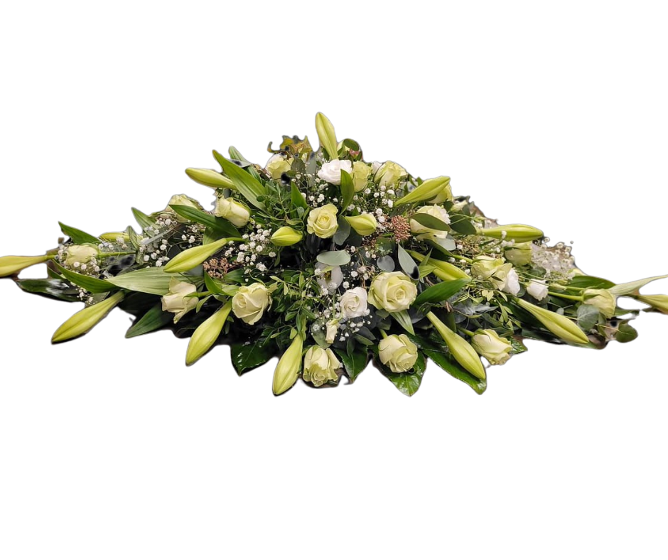 Rouwarrangement "Witte Sereniteit" (klassiek wit met lelies en rozen)